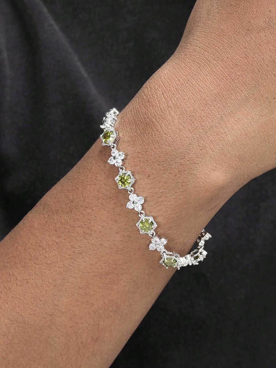 1pc Fashionable White Gold Four-Leaf Clover Colorful Men's Copper Zirconia Silver Bracelet Jewelry, Hip-Hop Punk Men's Patchwork Bracelet, Suitable For Men's Daily Wear - Bracelet - View 1