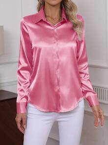 2026 Nueva camisa de manga larga con botones de unicolor elegante, blusa de trabajo clásica para mujeres en primavera - Rosado Sandía - Ver 3
