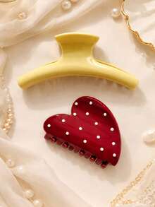 2个/1个女士黄色弧形发夹，红色爱心波点发爪，大号发爪发饰，时尚百搭优雅简约纯色发夹，适合日常、休闲、派对、海滩、度假、发型设计、洗脸/洗头、化妆、服装配饰，秋冬春夏海滩发爪夹度假发夹 - 彩色 - 查看 5