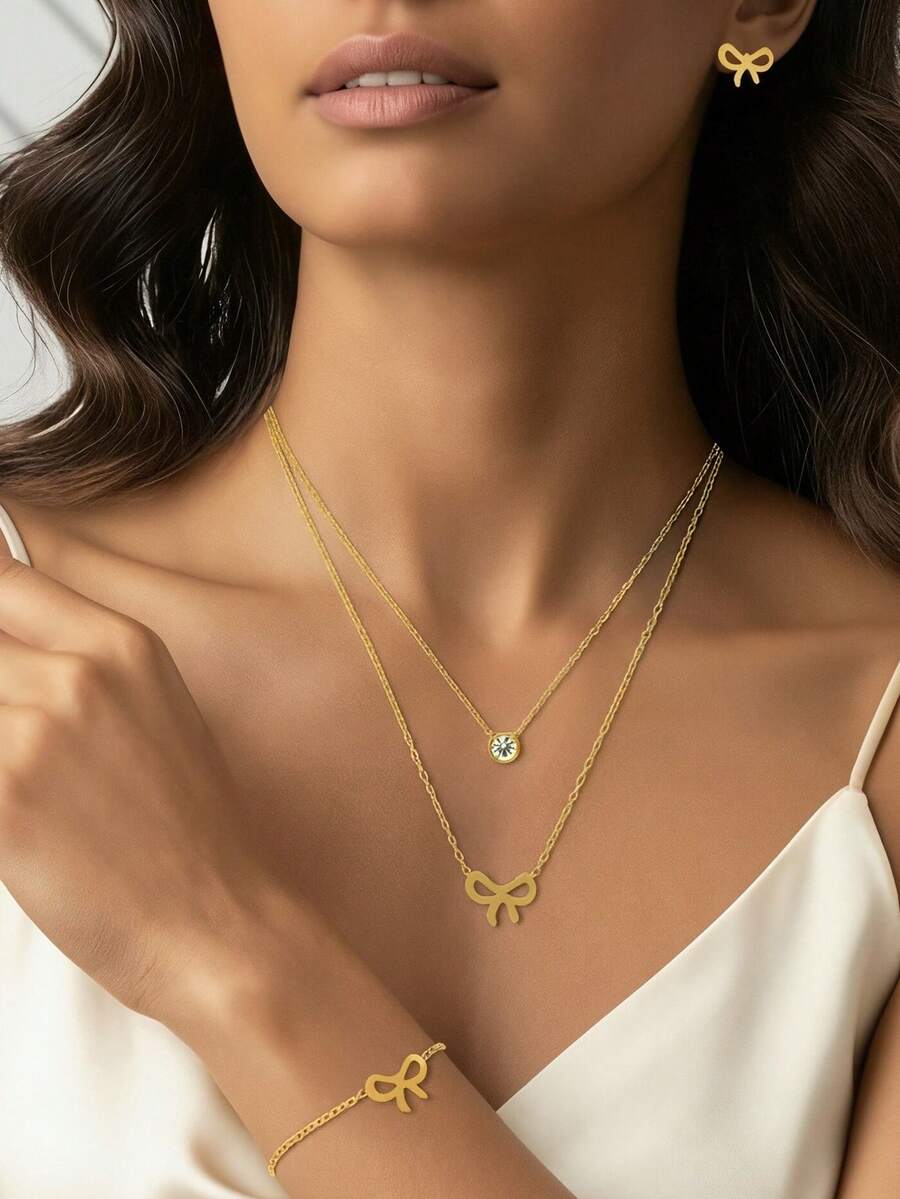 Conjunto de collar, pulsera y pendientes con colgante de lazo hueco, joyería elegante como regalo para mujeres, adecuado para aniversario, cita, cumpleaños, Día de San Valentín, Día de la Madre, regreso a clases, ceremonia de graduación y fiesta - Multicolor - Ver 1