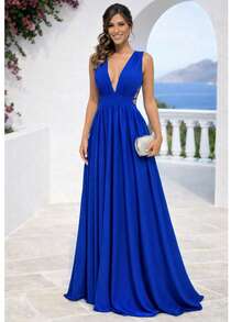 Cheap Bridesmaid Dress For Party Guests, Reception, Graduation, Without Shine, Open On The Side - Azul - Ver 3