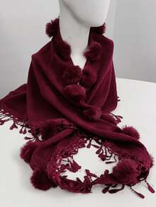 （不含别针）1件装女士春夏仿兔毛绒球蕾丝三角披肩，轻盈透气针织斗篷披肩，通勤百搭，理想的情人节礼物 - 紅色 - 查看 8