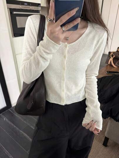 Women's Solid Color Casual Chill Retro Long Sleeve Button-Up Cardigan, Lightweight Knit Sweater For Spring/Summer