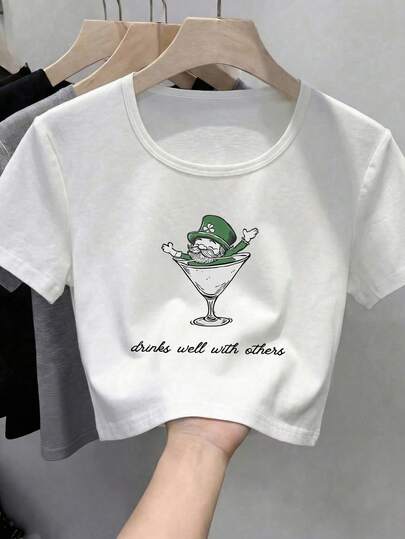 Women's Casual Gnome, Four-Leaf Clover, Martini Glass, "Get Along Well With Others" Graphic Round Neck Short Sleeve T-Shirt, Suitable For Spring, Autumn, Winter, Valentine's Day, Back To School Season, Summer
