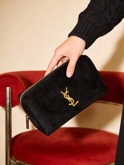 YSL 黑色丝绒化妆包，金色Logo拉链，奢华品牌化妆包，旅行化妆品收纳包 - 女士生日/节日完美礼物