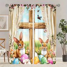 2PCS Cute Easter Bunny And Egg Print Light Sheer Curtains, Semi-Sheer For Privacy Protection. Easy Rod Pocket Installation, Quick-Dry, Fade-Resistant After Washing, Lightweight And Washable. Ideal For Home, Room And Kitchen Decor & Space Dividers. - Multicolor - View 2