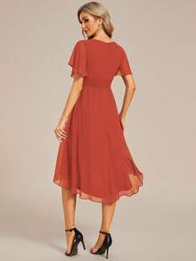 Women's Elegant Ruffle Sleeve Pleated Chiffon Bridesmaid Dress, Formal Evening Gown For Wedding Guest Spring - Burnt Orange - View 3