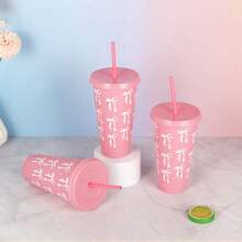 1个可重复使用的蝴蝶结造型塑料杯，24盎司，带吸管和盖子，适用于派对、饮品、咖啡、婚礼、生日和其他场合。 - 彩色 - 查看 6