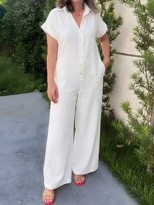 ChicMe Bộ áo liền quần nữ tay ngắn cổ bẻ cài nút, chất liệu vải lanh thoáng khí, quần ống rộng thoải mái, phù hợp cho các hoạt động thường ngày. - trắng - Xem 3