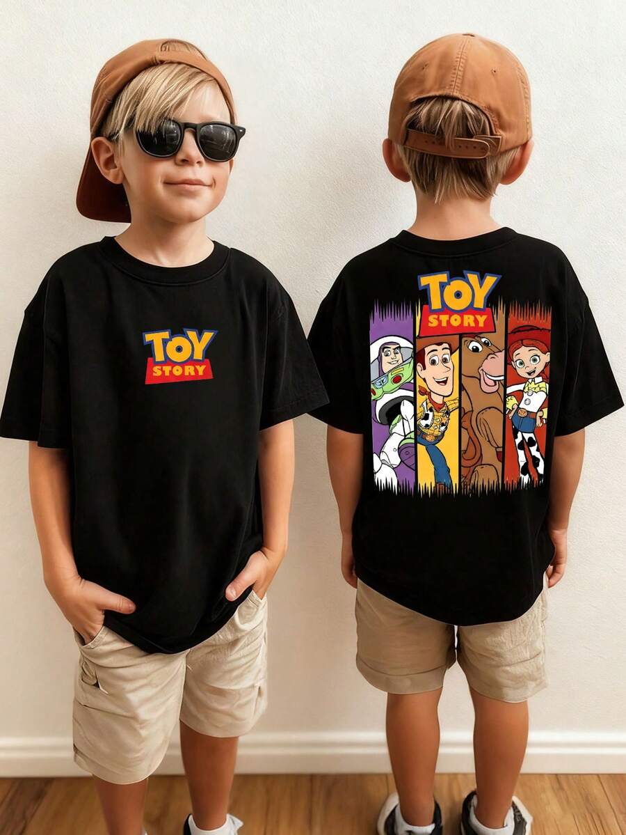 Disney-Childhood Memories Kill! Toy Story Family Photo Children's T-Shirt Buzz Lightyear Woody Denim Printed Cotton Loose Short Sleeve Top - màu đen - Xem 1