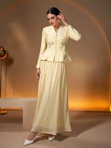 2pcs Women's Elegant V-Neck Applique Design Pleated Dress, Suitable For Daily, Festival, Casual Occasions, Solid Color Spring - Pale Yellow - View 5