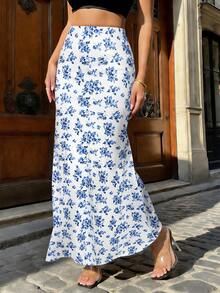 优雅女士长款针织半身裙，蓝色花卉印花，高弹面料，适合度假夏季穿着 - 藍白色 - 查看 1