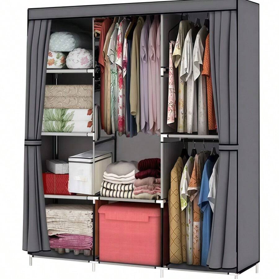 Reinforced Fabric Wardrobe, Large Capacity, Compartmentalized Storage Wardrobe, With Hanging Rods And Storage Compartments, Easy-To-Assemble Home Wardrobe, Reinforced Steel Frame, Portable Storage Wardrobe Suitable For Rental Apartments And Student Dormitories. - Grey - View 1