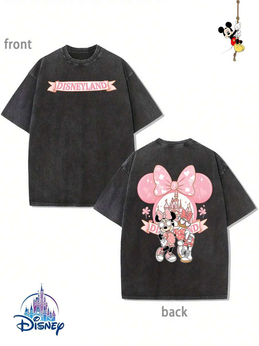 "Authorized By Disney" Minides Disneyland Printing, Genuine Authorization 1 Fashion Cartoon Short Sleeve Design, Cartoon Short Sleeve, Men's Cotton Washed T-Shirt. Soft And Breathable, It Can Be Used As A Gift For Disney Lovers. - 黑色 - 查看 1