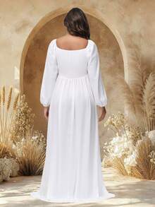 JustVH 孕妇薄纱雪纺灯笼袖V领连衣裙，侧开衩，适合婴儿摄影和迎婴派对等场合，春季白色 - 白色 - 查看 2