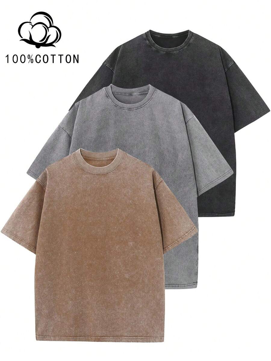 Three-Piece Solid Color T-Shirts Fashion Retro Men's T-Shirts 230g Heavyweight Cotton Dropped Shoulder Design Unisex Short-Sleeve T-Shirts For All Seasons Casual Occasions Gift For Boyfriend 100% Pure Cotton Streetwear Designed For Young People Ideal Gift Between Friends Men's Clothing Men's T-Shirts - 黑色+灰色+咖啡色 - 查看 1