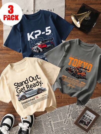 3pcs/Set Tween Boys' Car Print Short Sleeve T-Shirt, Student Youth Clothing, Summer Gift For Kids