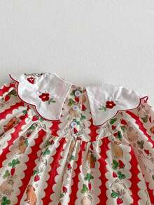 1pc Girls Spring/Summer Long Sleeve Embroidered Collar Casual Cute Rabbit & Strawberry Cartoon Print Dress, Suitable For Young Girl & Baby Girls - Red - View 5