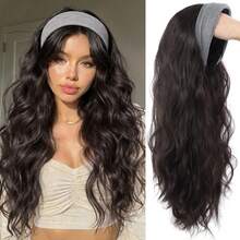 长款波浪/直发发箍半假发，合成纤维夹式接发，蓬松自然棕黑色假发片，配灰色发带，适合女性日常佩戴，1件装 - 彩色 - 查看 11