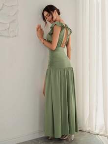 女士春夏浪漫优雅纯色长裙 - 简约优雅的女士风格，适合女士晚间约会和出席正式晚宴的长裙 - 豆綠色 - 查看 1