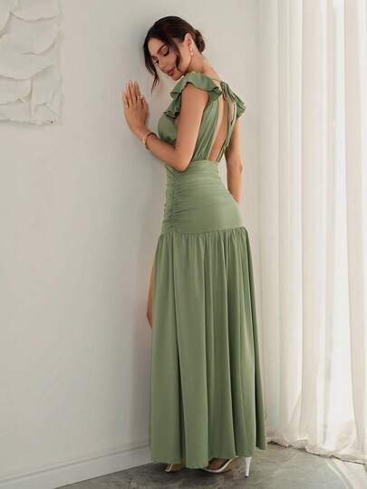 Women's Romantic Elegant Solid Color Dress - Minimalist Sleeveless Design, Ruffle Details, Waist Cinching, Open Back Cut, Side Slit, Suitable For Dates, Parties And Social Gatherings