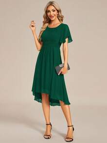 Women's Elegant Ruffle Sleeve Pleated Chiffon Bridesmaid Formal Evening Dress, Wedding Guest Gown Spring - Dark Green - View 7