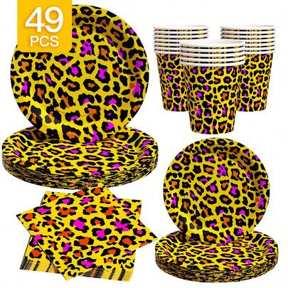 Purple Brown Leopard Spot Disposable Plates, Napkins, Cups, 8 Guests Party Supplies Set, Disposable Paper Plates Suitable For Birthday, Wedding, Theme Party, Family Picnic