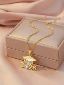 1pc 2026 Fashionable Graduation Cap Pendant Necklace, Stainless Steel Cubic Zirconia Necklace, Unisex Graduation Gift For Students, Friends - Gold - View 2