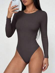 Women Spring Bodysuits For Long Sleeve Shirts Fitted Basic Ribbed Layering Bodys Tops Fall Fashion Winter Clothes Dark Gray Vacation Rompers Outfits For Women - Dark Grey - View 3