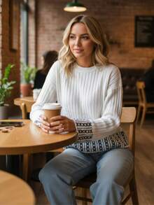 Casual Women's Knit Pullover Sweater With Folk Custom Pattern And Ribbed Details Long Sleeve Round Neck Top - White - View 3