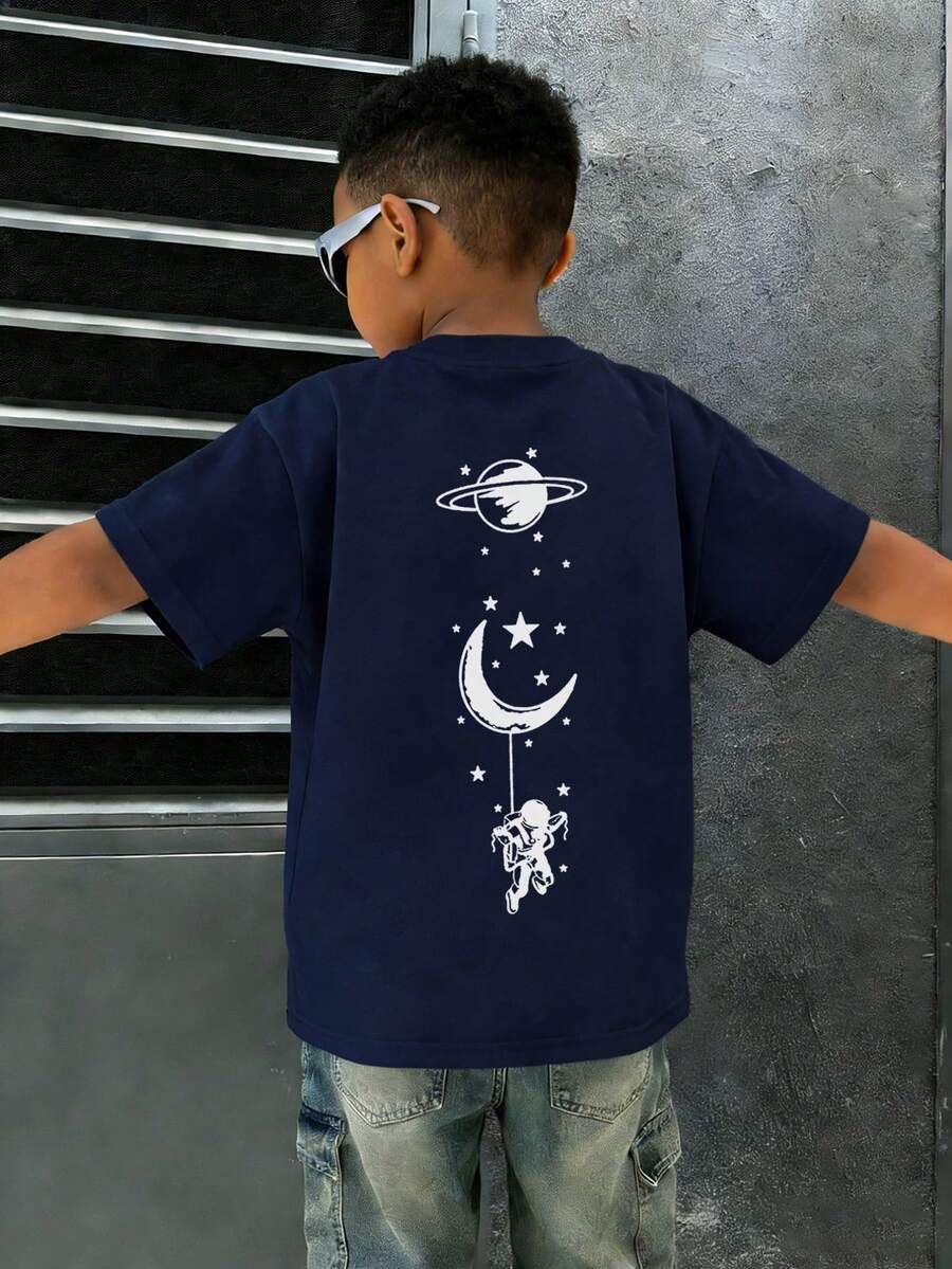 Camiseta de manga corta con cuello redondo y estampado para niño, casual de verano para estudiante - Universo espacial maravilloso, la serie definitiva de camisetas de manga corta para cada joven líder. Camiseta gráfica para niños y niños pequeños - Azul Marino - Ver 1