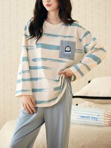 2pcs/Set 2026 Spring & Autumn Women Cotton Blue Striped Long Sleeve Pajama Set - Baby Blue - View 3