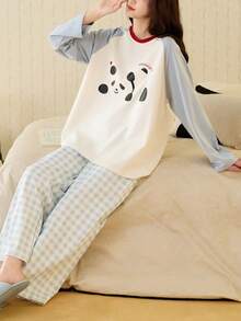 2pcs/Set 2026 Spring Autumn Women Cotton Panda Print Blue Long Sleeve Pajama Set - Baby Blue - View 5