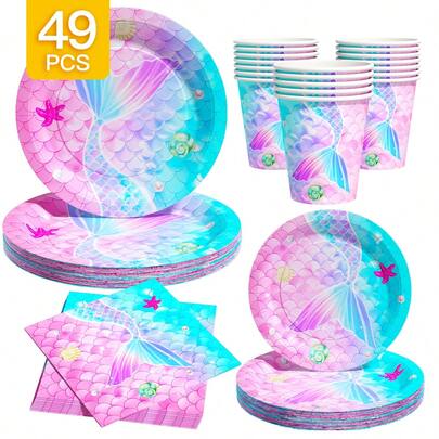 Dreamy Mermaid Disposable Plates, Napkins, Cups - One-Time Party Set For 8 Guests, Disposable Paper Plates Suitable For Birthday, Wedding, Theme Party, Family Picnic