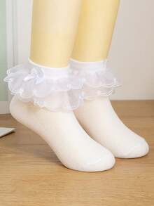 1 Pasang Kaos Kaki Jala Katun Polos untuk Anak Perempuan dengan Tali Ganda, Cocok untuk Menari, Pesta, dan Pemakaian Sehari-hari - Putih - View 2