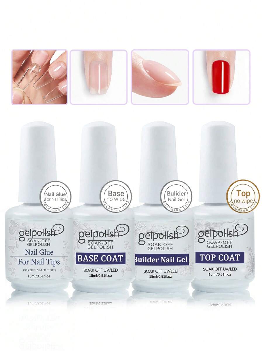 4pcs/Set 15ml Spring & Summer Base Coat And Top Coat, 7-In-1 Builder Gel And Nail Polish Set, Glossy & Long-Lasting, Suitable For LED Lamp Manicure, DIY Home And Salon, Valentine's Day Gift For Women - Clear - View 1