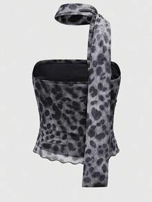 Tops tubo con estampado de guepardo para mujer, tops sin mangas sin tirantes ajustados con pliegues y escote, con bufanda - Gris Oscuro - Ver 7