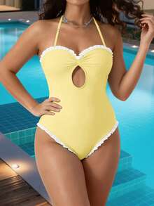 Women's Halter Neck Monokini Swimsuits Fashionable Dot Print Sleeveless Ruffle Bathing Suit - 淺黃色 - 查看 2