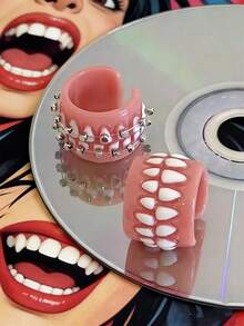 2 piezas de anillos con forma de dientes divertidos, anillos abiertos encantadores, diseño creativo de dibujos animados de material acrílico, anillos de moda - Multicolor - Ver 7