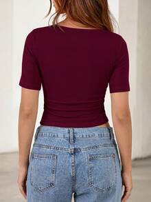 Fall New Arrival Women's Long-Sleeve Top Crop-Top Style Casual Outerwear Boat Neck With Bell Sleeves Ribbed Pleated Design Millennial-Inspired Fashion - Màu đỏ rượu vang - Xem 2