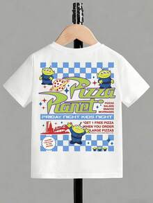 Disney-Full Of Childlike Charm! Toy Story 3's Eevee Pizza Planet Parent-Child T-Shirt, Unisex Baby Pure Cotton Loose Short Sleeve Retro Checkered Cartoon Top - Blanc - Voir 2