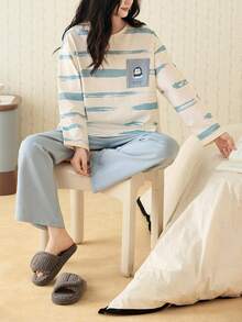 2pcs/Set 2026 Spring & Autumn Women Cotton Blue Striped Long Sleeve Pajama Set - Baby Blue - View 5