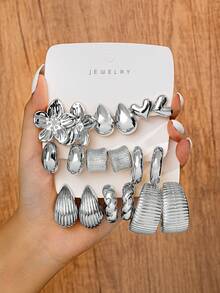 9对波西米亚风银色CCB几何花朵和爱心耳环套装，适合女性日常、通勤、派对、度假佩戴 - 彩色 - 查看 1