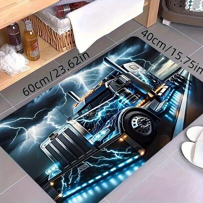 1件装3D打印卡车闪电图案地垫，酷炫金属风格，涤纶材质，适用于客厅、洗衣房、浴室等场所——家居装饰和地板保护，可用作门垫、小地毯、迎宾垫、地毯、地垫、户外门垫、厨房地毯、家居装饰、前门垫、小地毯、户外地垫、家居装饰、地毯、花园地毯、可水洗地毯
