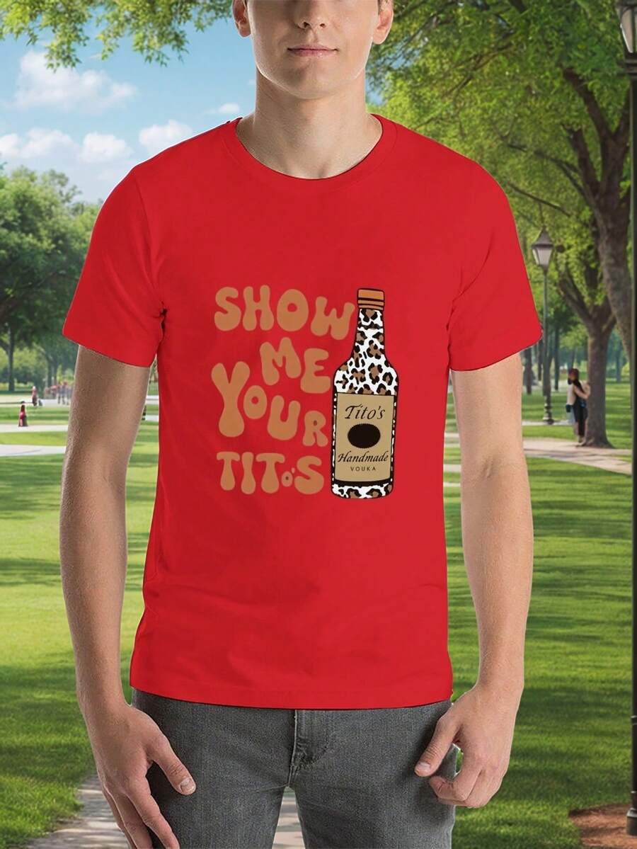 Men's Casual Short-Sleeve T-Shirt, "Show Me Your Titos" Text Pattern Top, Casual Style, 100% Cotton Top, Fashion Summer Short-Sleeve T-Shirt, Heat Transfer Print Design, Couple Outfit, Perfect Valentine's Day Gift, Couple Printed T-Shirt, Vodka Enthusiast Printed Shirt, Men's Printed T-Shirt. - 紅色 - 查看 1