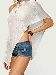 Women's Sheer Ponchos Off Shoulder Short Sleeve Solid Color T-Shirts Asymmetrical Knit Tops - 白色 - 查看 3