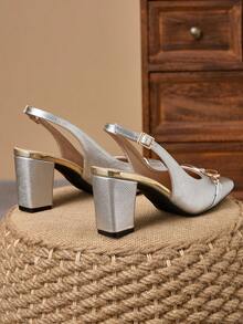 Elegant Silver Snake Skin Thick Heel Sandals, Metal Buckle Open Back Design, Slimming Effect, Versatile For Banquet And Date, High Heels - Silver - View 3