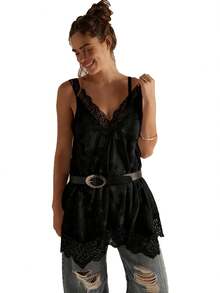 Women Summer Casual Sleeveless Vest Stylish V Neck Floral Lace Trimmed Tops - 黑色 - 查看 3