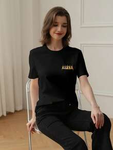 New Summer Z-Gen Y2K Style Women Funny Cartoon Print Crew Neck Short Sleeve T-Shirt - Black - View 3