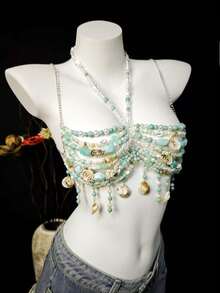 2026 Spring/Summer New Unisex Body Chain, Sexy Acrylic Crystal Pearl Sequin Shell Seashell Body Chain Metal Iron Chain Accessories For Party, Beach, Music Festival, Bikini - Màu xanh lam - Xem 5